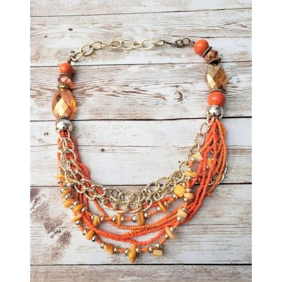 Vintage Necklace Orange & Gold Tone Multi Layer Statement Necklace - Picture 1 of 5